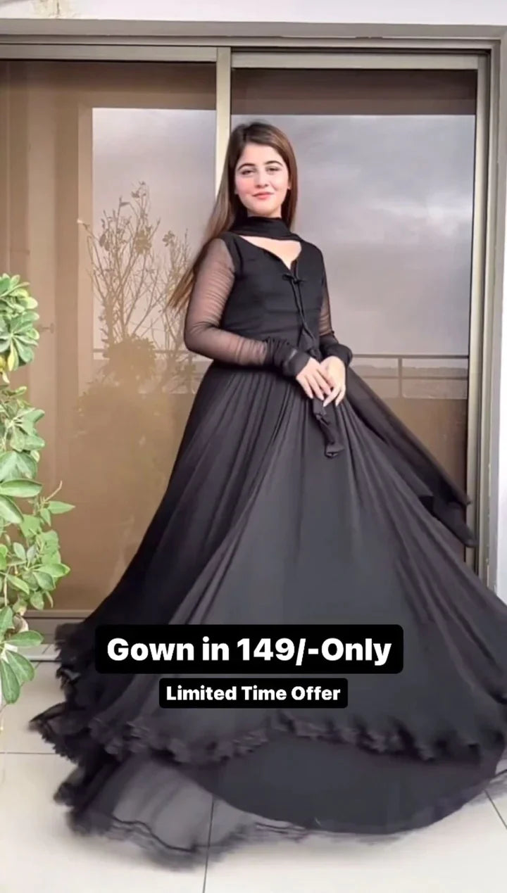 Black Color Full Flare Gown With Dupatta