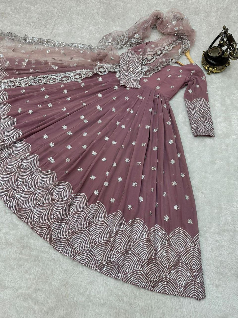 Onion Color Anarkali Gown in Faux Georgette with Sequence Embroidery Work