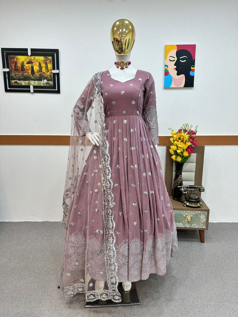 Onion Color Anarkali Gown in Faux Georgette with Sequence Embroidery Work