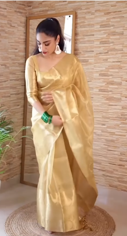 Ready To Wear Party Wear Ultra Satin Gold Color Saree With Saperat Un-Stiched Blouse Pice.