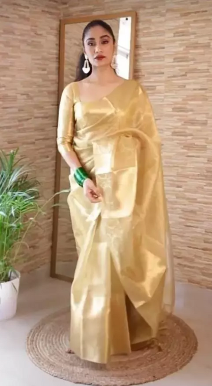 Ready To Wear Party Wear Ultra Satin Gold Color Saree With Saperat Un-Stiched Blouse Pice.