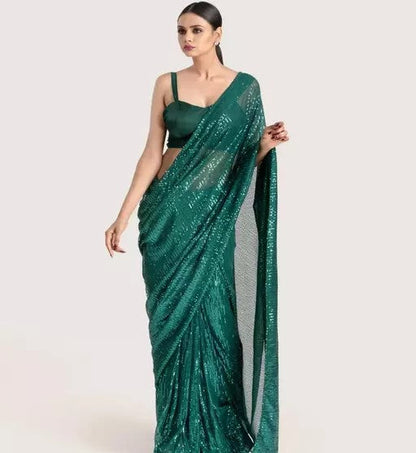 Women's Sequins Work Faux Georgette Saree With Unstitched Blouse Peice (Latest-Sequins-Party-Saree, Free, Many Colors)