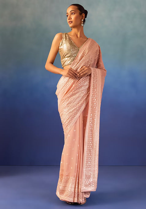 Embroidered Bollywood Organza Saree  (Pink)