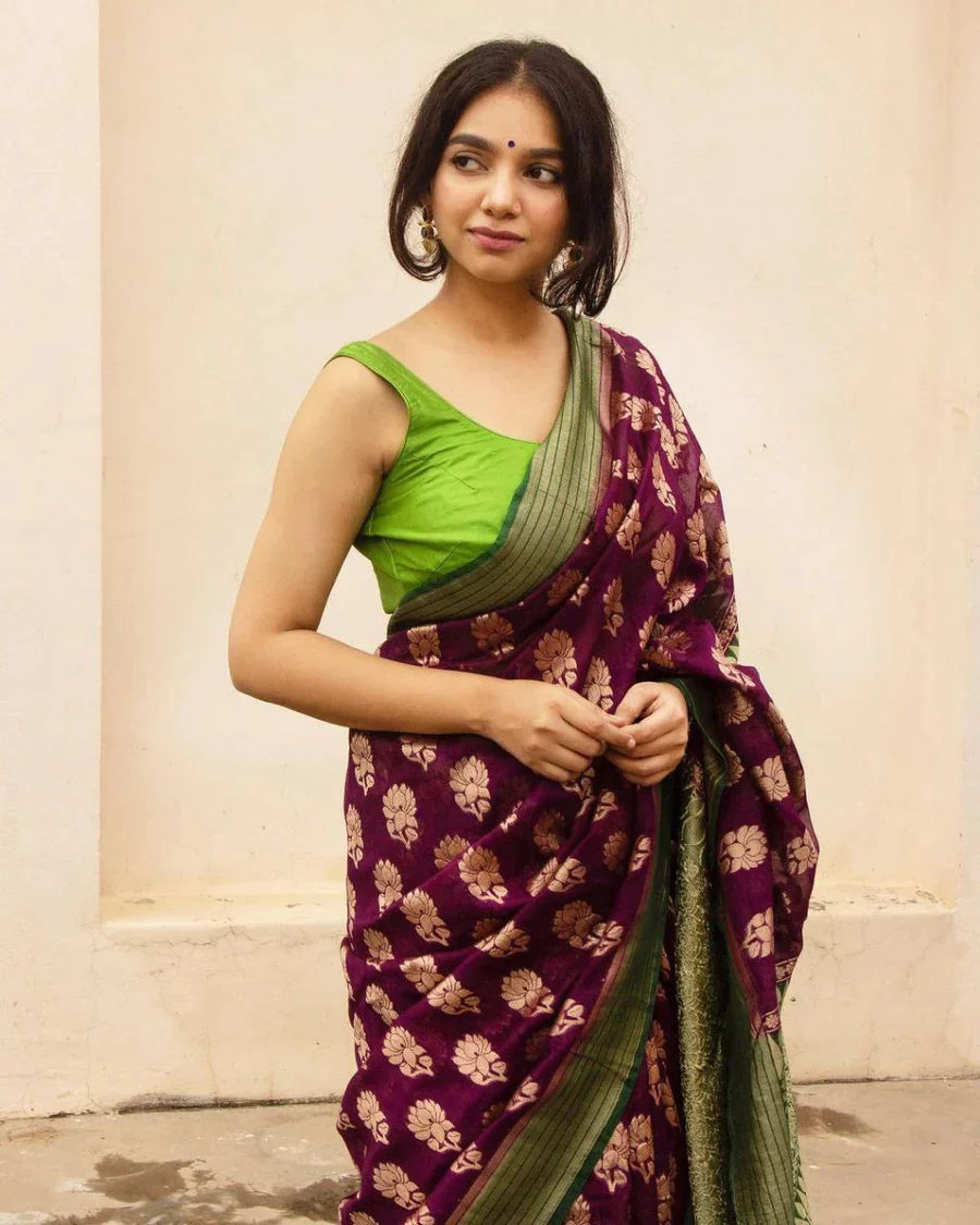 Banarasi Silk Festival Wear Dark Purple Color Saree For Woman