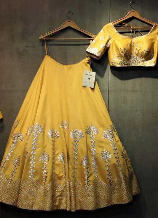Brighter Yellow Embroidery Tiger Silk Fabric Lehengha Collection