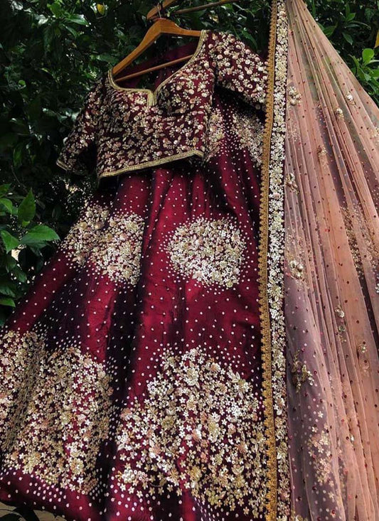 Bridal Look Collection Maroon Color Embroidery Velvet Lehengha Choli