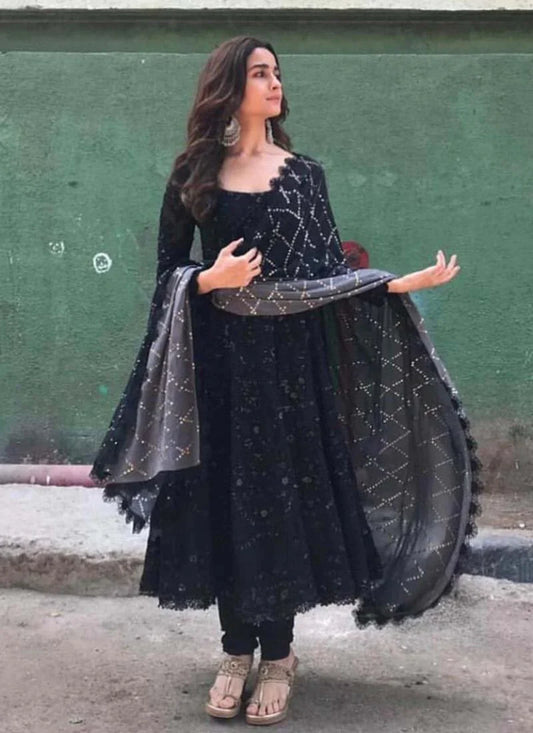 Alia Bhatt Black Georgette Indian Semi Stitched Salwar Suit