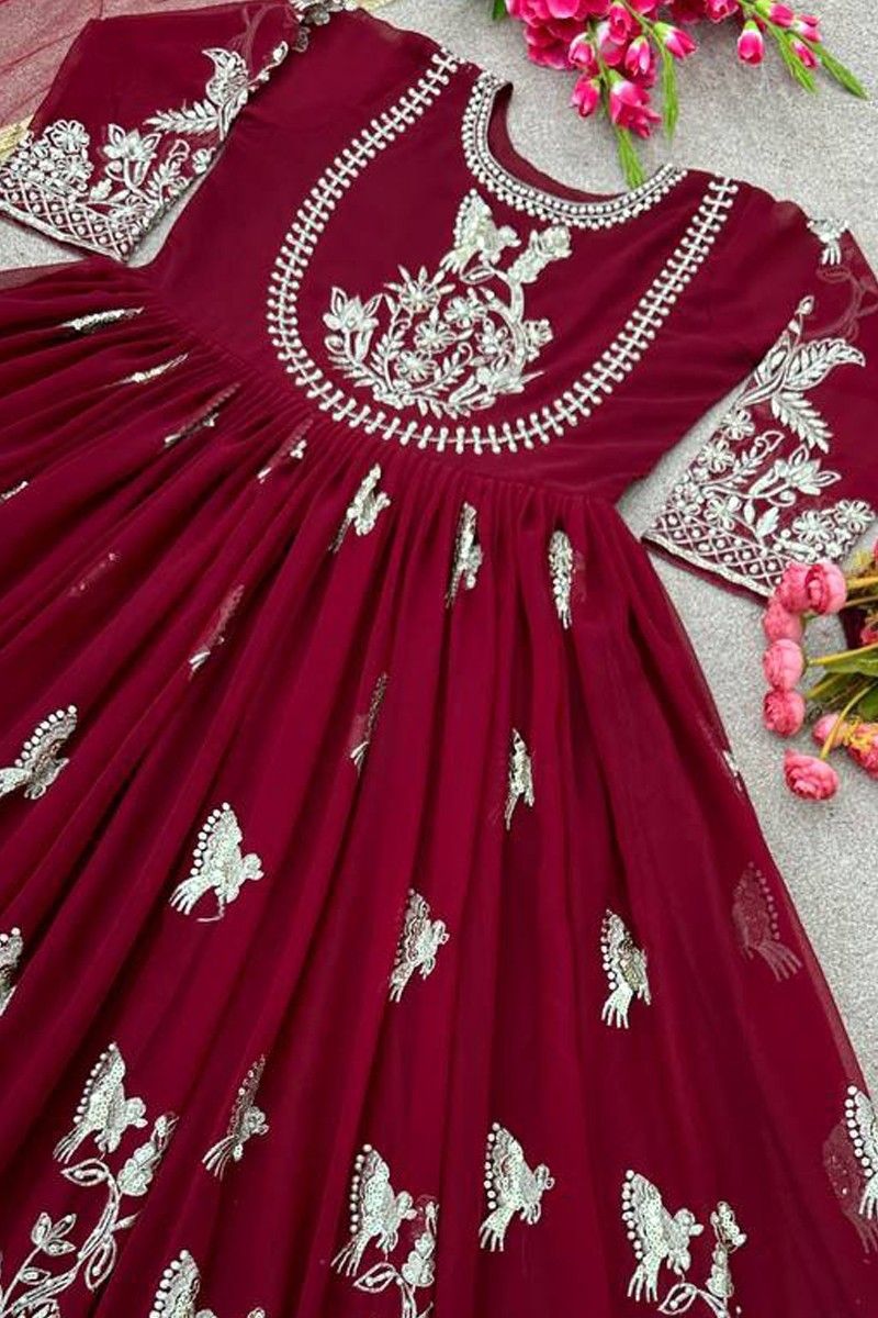Faux Georgette With Heavy Embroidery Sequence Work with Full Sleeve and Fully 3 Meter Flair Ready to Wear With Attached