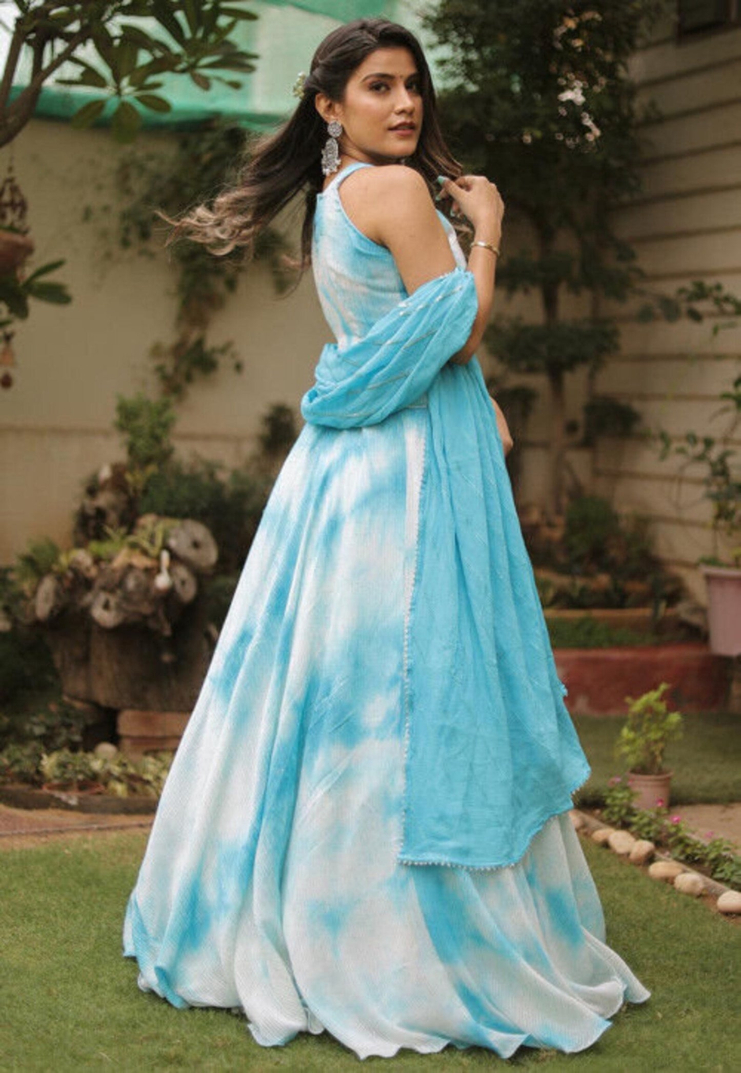Sequinned Georgette Marble Dyed Lehenga in Blue and White