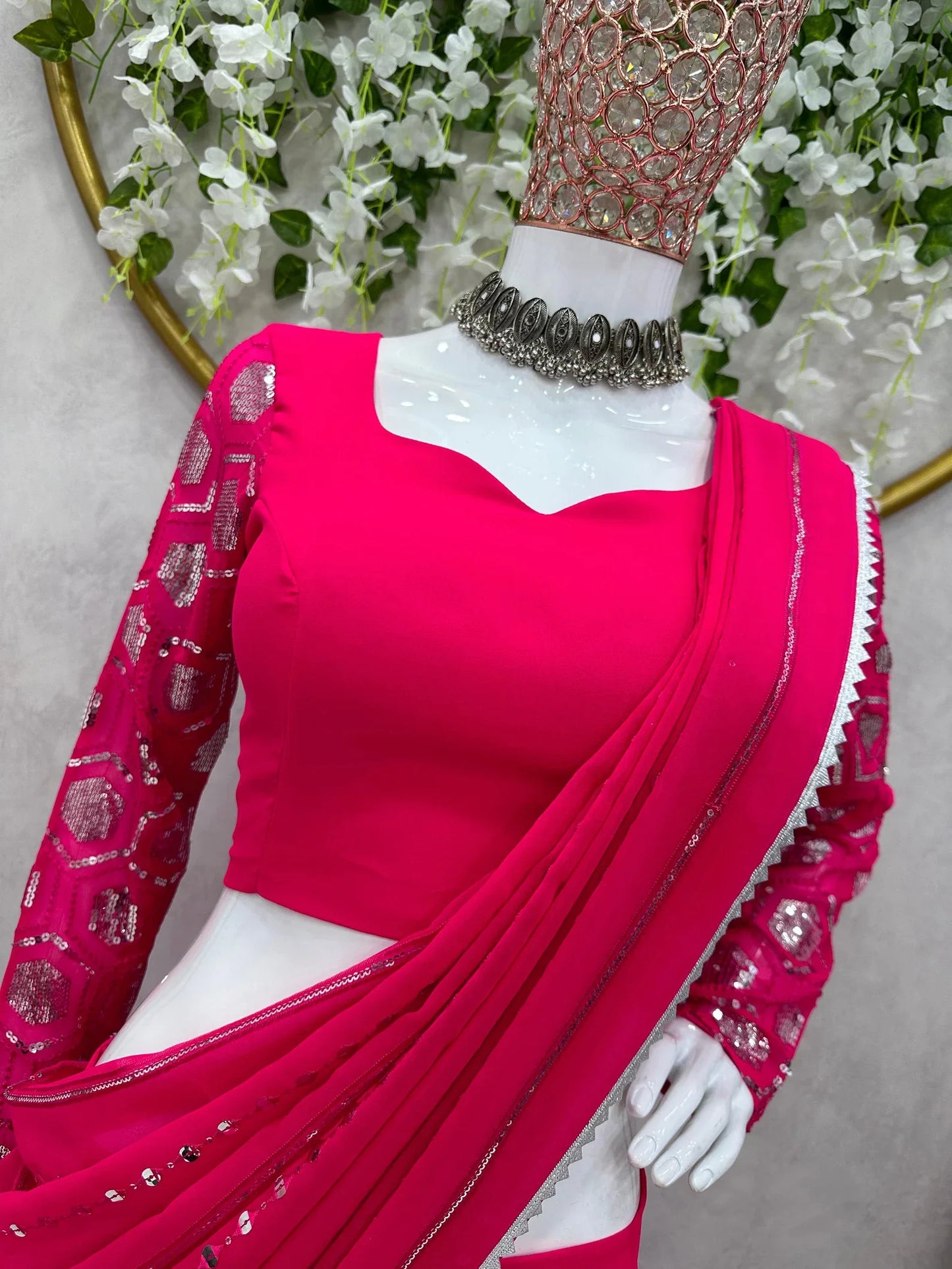 Pink saree style lehenga with Sequence work and sweet heart neck blouse,partywear wedding bridal outfit,pink Readymade bridesmaids lehengas
