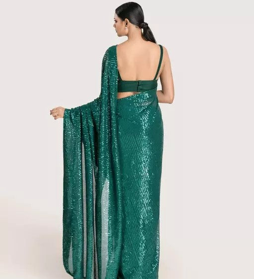 Women's Sequins Work Faux Georgette Saree With Unstitched Blouse Peice (Latest-Sequins-Party-Saree, Free, Many Colors)